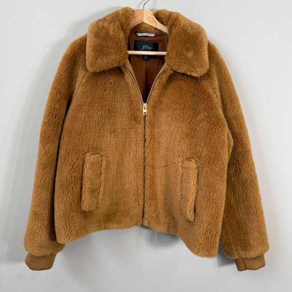 J. Crew Faux Fur Full Zip Bomber Jacket Womens 2X Cognac Preppy Designer Outdoor - Picture 6 of 15
